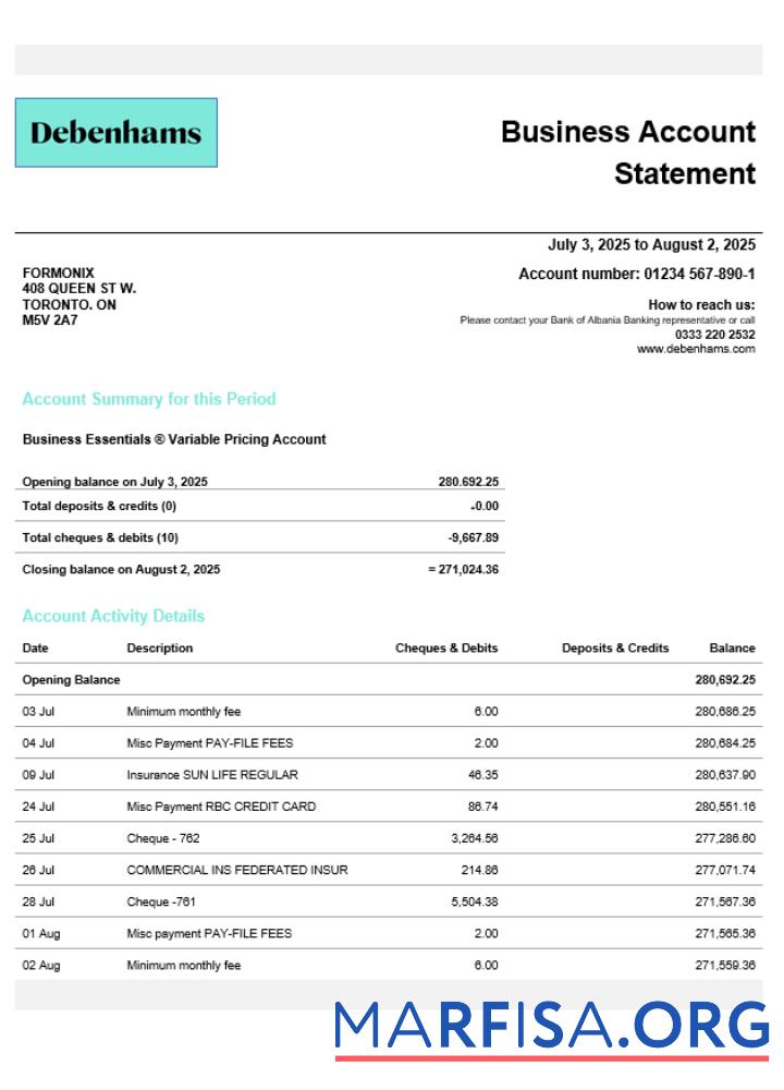 Blank United Kingdom Debenhams business checking account statement Word and PDF template